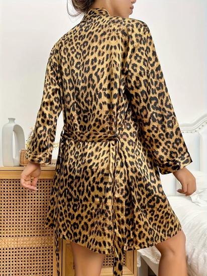 Women 2-Piece Silk Nightwear Set Spring Summer Random Leopard Print Lace Trim Backless Chemise Loose Robe Breathable Loungewear