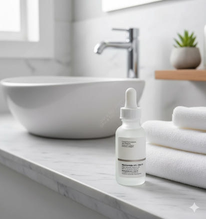 The serum in your image is The Ordinary Niacinamide 10% + Zinc 1%.

A lightweight serum that helps reduce the appearance of blemishes, congestion, and visible sebum activity. It contains niacinamide (vitamin B3) to improve